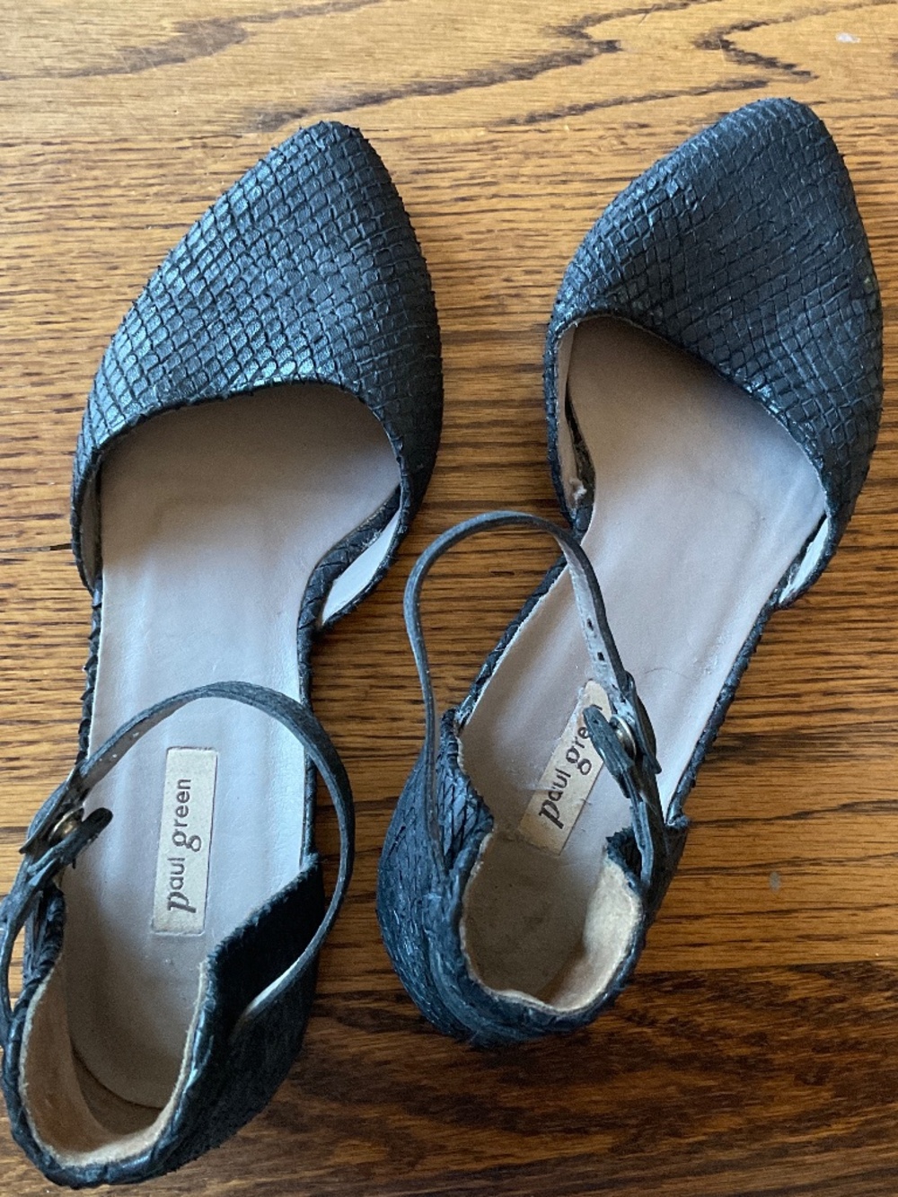 Paul Green black leather shoes, flats with snap strap closure